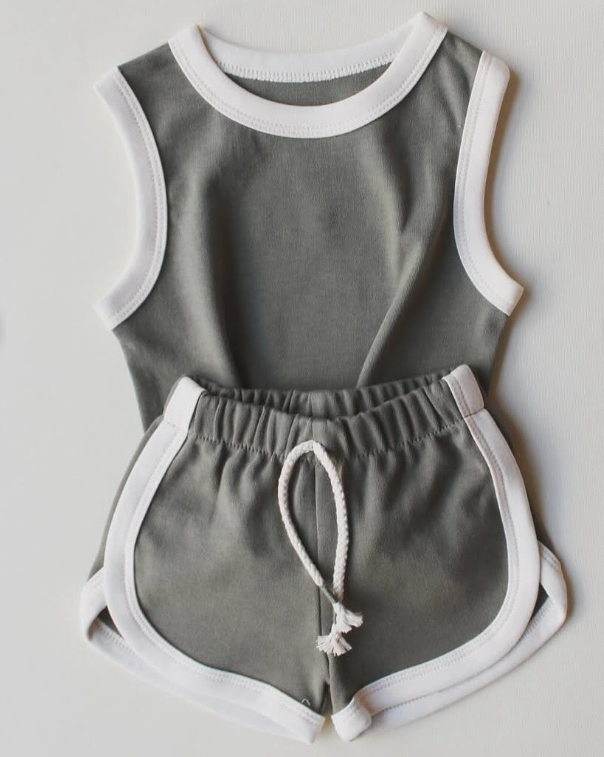 Preorder Baby Girl Grey Sleeveless Vest Shirt Shorts Cotton Sports Set（ Moq 5 ）