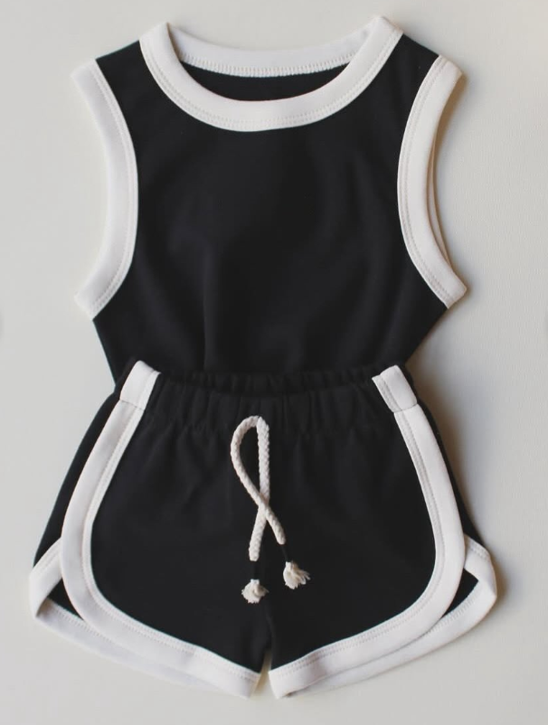 Preorder Baby Girl Black Sleeveless Vest Shirt Shorts Cotton Sports Set（ Moq 5 ）