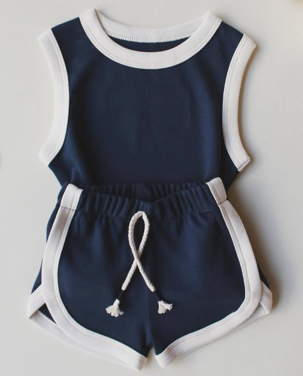Preorder Baby Girl Navy Sleeveless Vest Shirt Shorts Cotton Sports Set（ Moq 5 ）