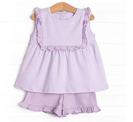 Preorder Baby Girl Sleeveless Purple Stripes Tunic Ruffle Shorts Set（ Moq 5 ）