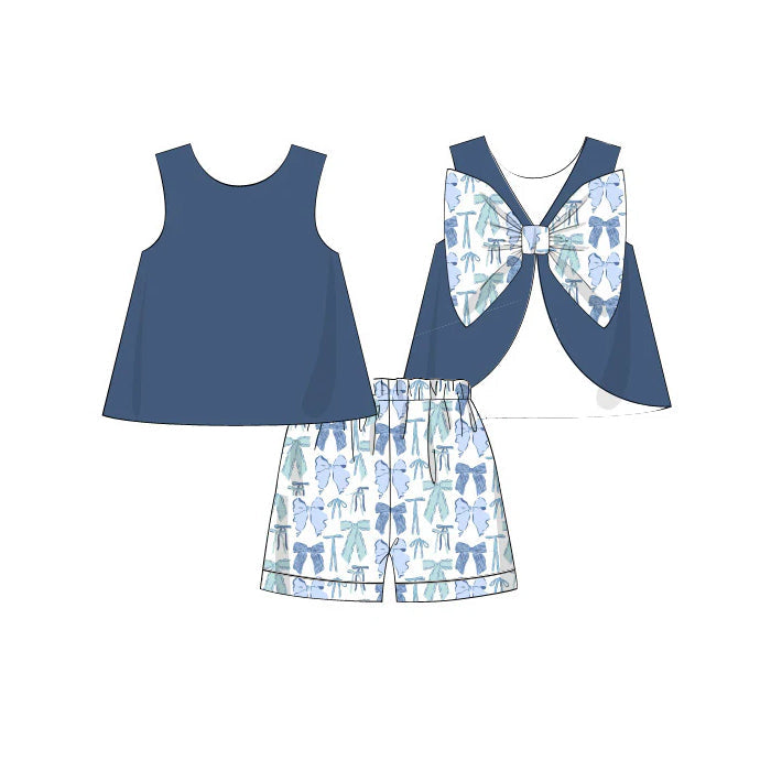Preorder Baby Girl Blue Sleeveless Bows Tunic Shorts Set ( Moq 5 )