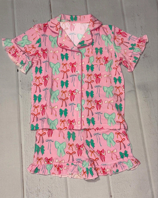 ( Moq 5 ) Preorder Baby Girl Short Ruffle Sleeves Bows Buttons Pocket Shirt Sorts Pajamas Set