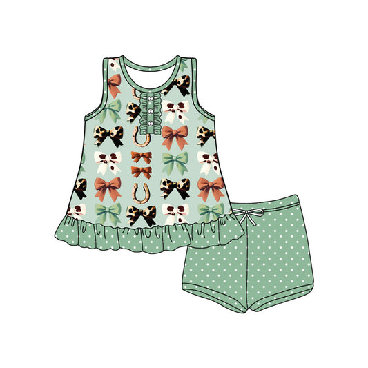 ( Moq 5 ) Preorder Baby Girl Sleeveless Western Bows Buttons Tunic Dots Green Shorts Set