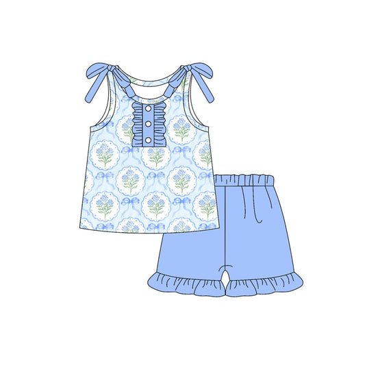 ( Moq 5 ) Preorder Baby Girl Sleeveless Bows Flower Buttons Tunic Ruffle Blue Shorts Set