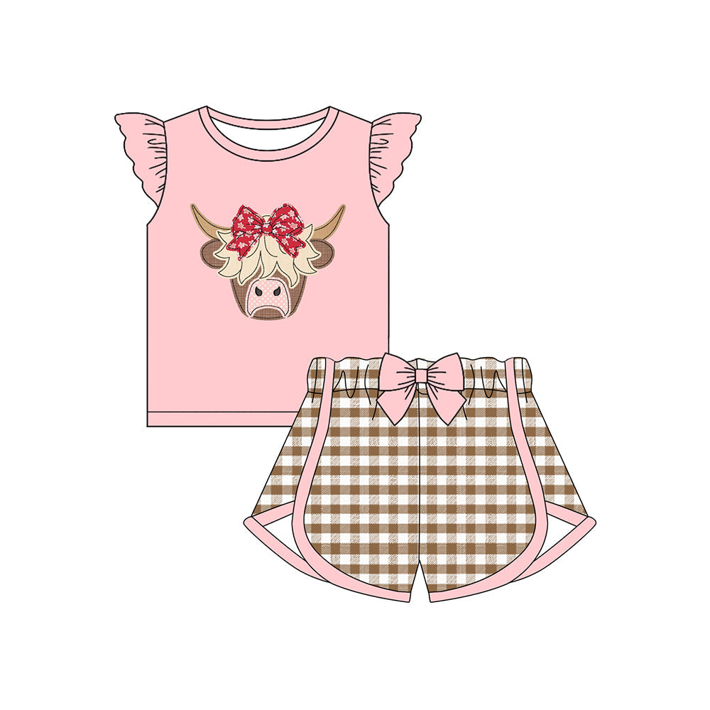 ( Moq 5 ) Preorder Baby Girl Pink Short Sleeves Bow Cow Shirt Plaid Shorts Set