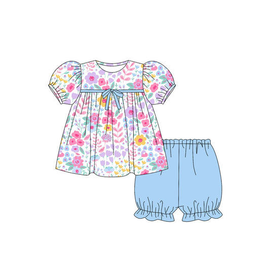 ( Moq 5 ) Preorder Baby Girl Short Sleeves Floral Tunic Blue Shorts Set