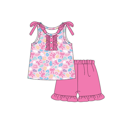 ( Moq 5 ) Preorder Baby Girl Sleeveless Bows Leopard Buttons Shirt Ruffle Shorts Set