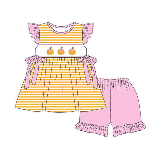 ( Moq 5 ) Preorder Baby Girl Short Sleeves Stripes Bows Pumpkins Tunic Ruffle Pink Shorts Set