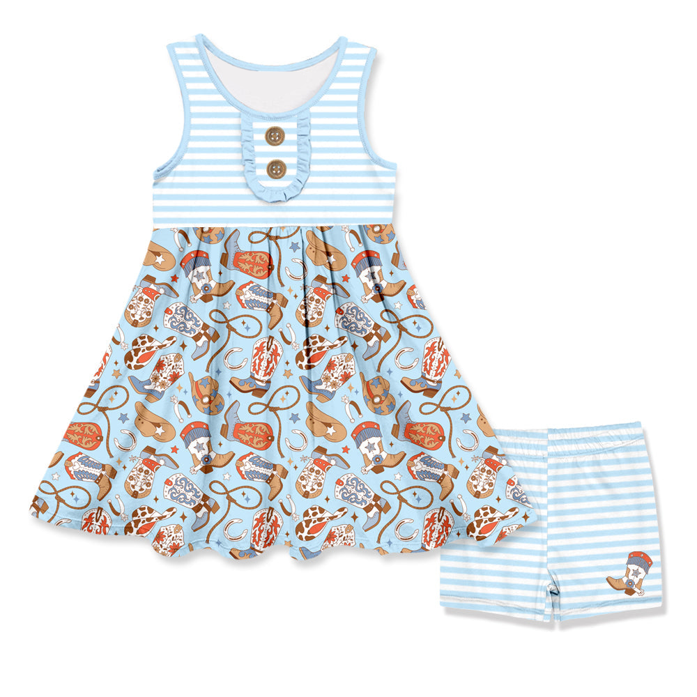 ( Moq 5 ) Preorder Baby Girl Sleeveless Blue Stripes Western Boots Hats Tunic Shorts Set