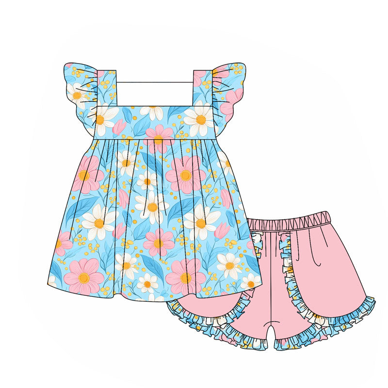 ( Moq 5 ) Preorder Baby Girl Short Sleeves Flower Tunic Pink Ruffle Shorts Set