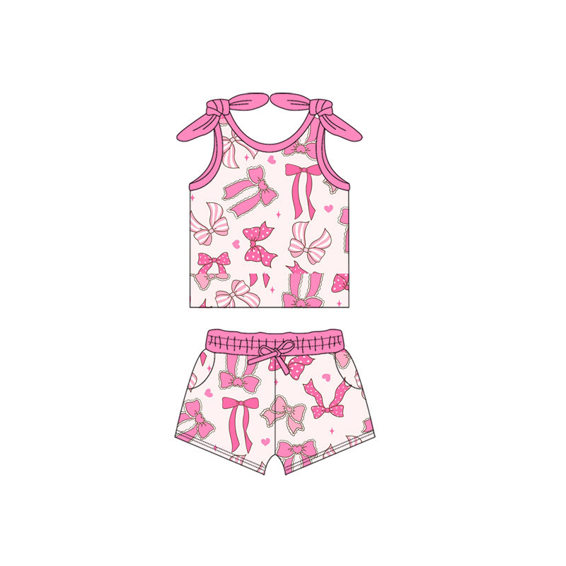 ( Moq 5 ) Preorder Baby Girl Sleeveless Pink Bows Hearts Vest Tops Pockets Shorts Set