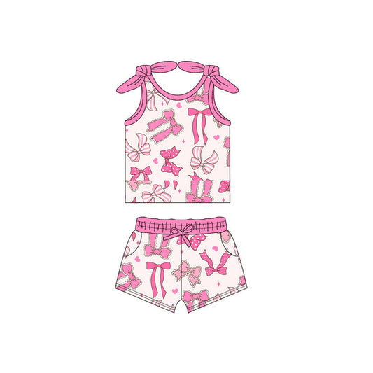 ( Moq 5 ) Preorder Baby Girl Sleeveless Pink Bows Hearts Vest Tops Pockets Shorts Set