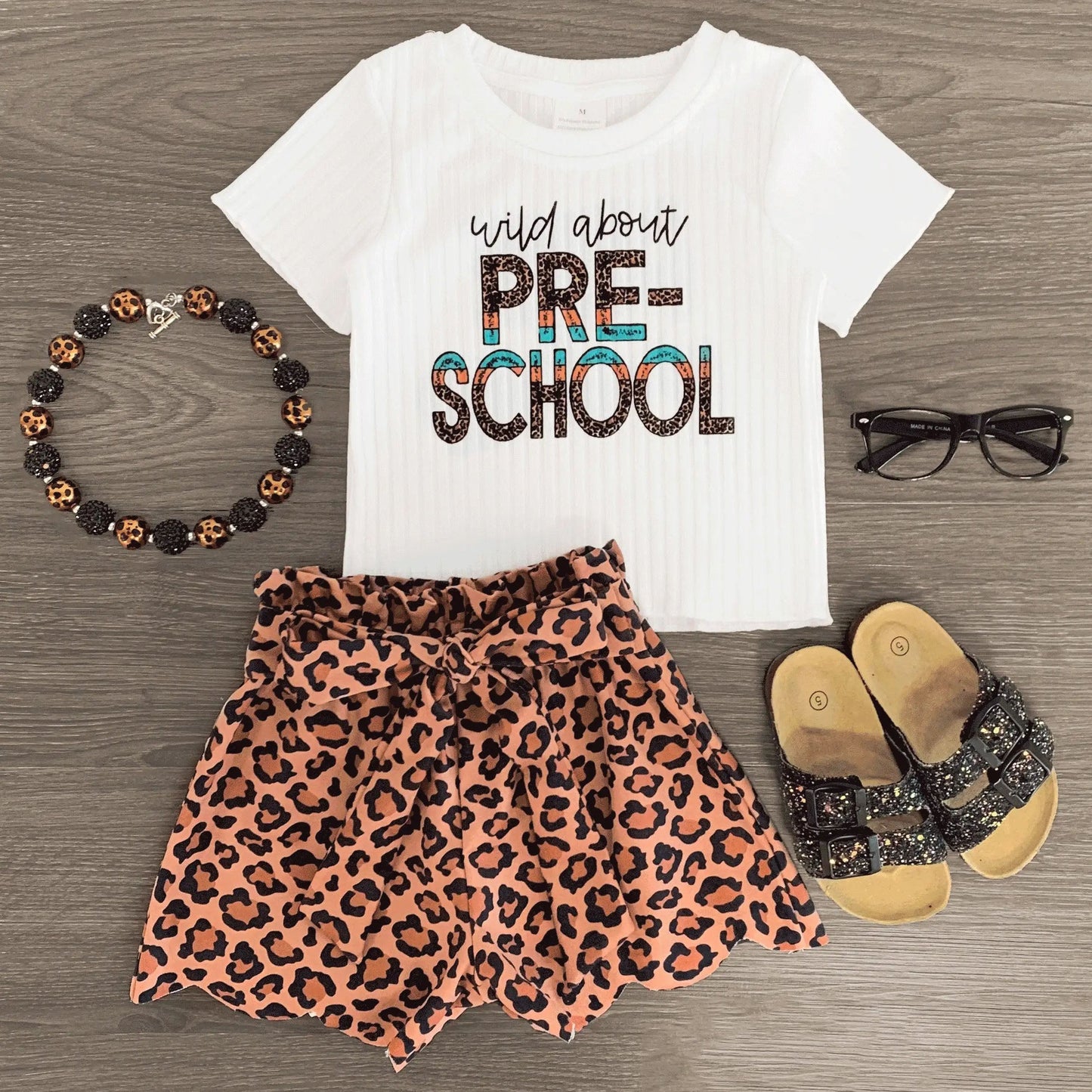( Moq 5 ) Preorder Baby Girl Short Sleeves School Shirt Leopard Shorts Set