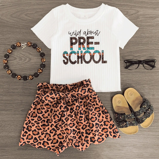 ( Moq 5 ) Preorder Baby Girl Short Sleeves School Shirt Leopard Shorts Set