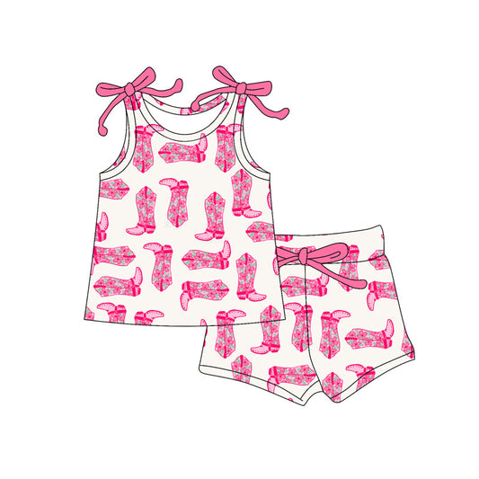 ( Moq 5 ) Preorder Baby Girl Bows Sleeveless Pink Boots Tops Shorts Western Set