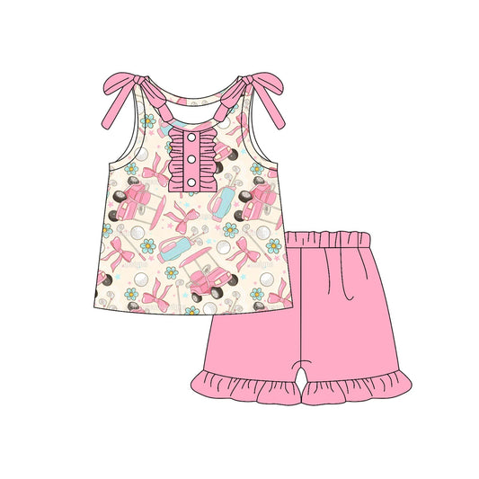 ( Moq 5 ) Preorder Baby Girl Sleeveless Pink Bows Golf Flower Buttons Tops Ruffle Shorts Set