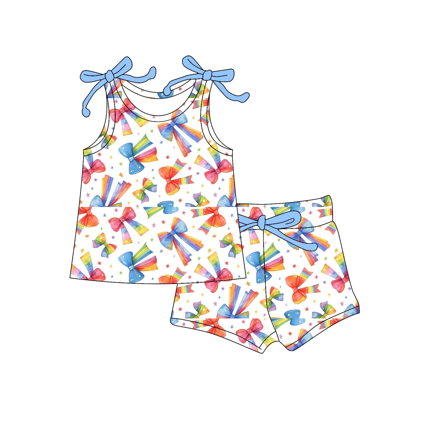 ( Moq 5 ) Preorder Baby Girl Sleeveless Rainbow Bows Shirt Shorts Clothes Set