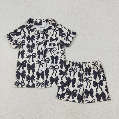 Baby Girl Adult Women Short Sleeves Black Bows Sibling Mommy and Me Family Pajamas Set