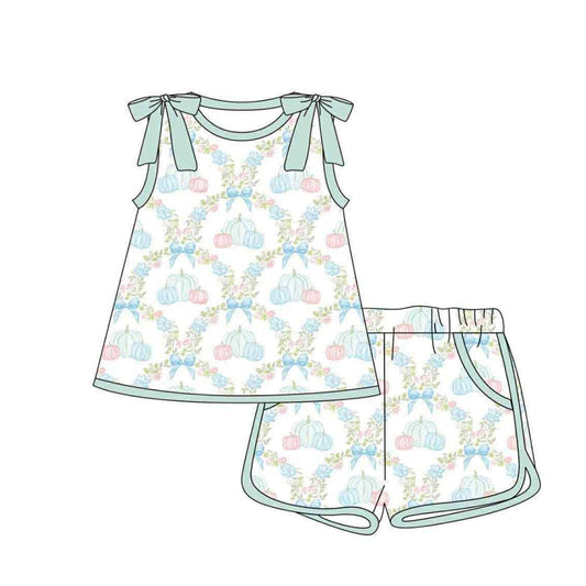 ( Moq 5 ) Preorder Baby Girl Sleeveless Bows Flower Pumpkin Tunic Pockets Shorts Set