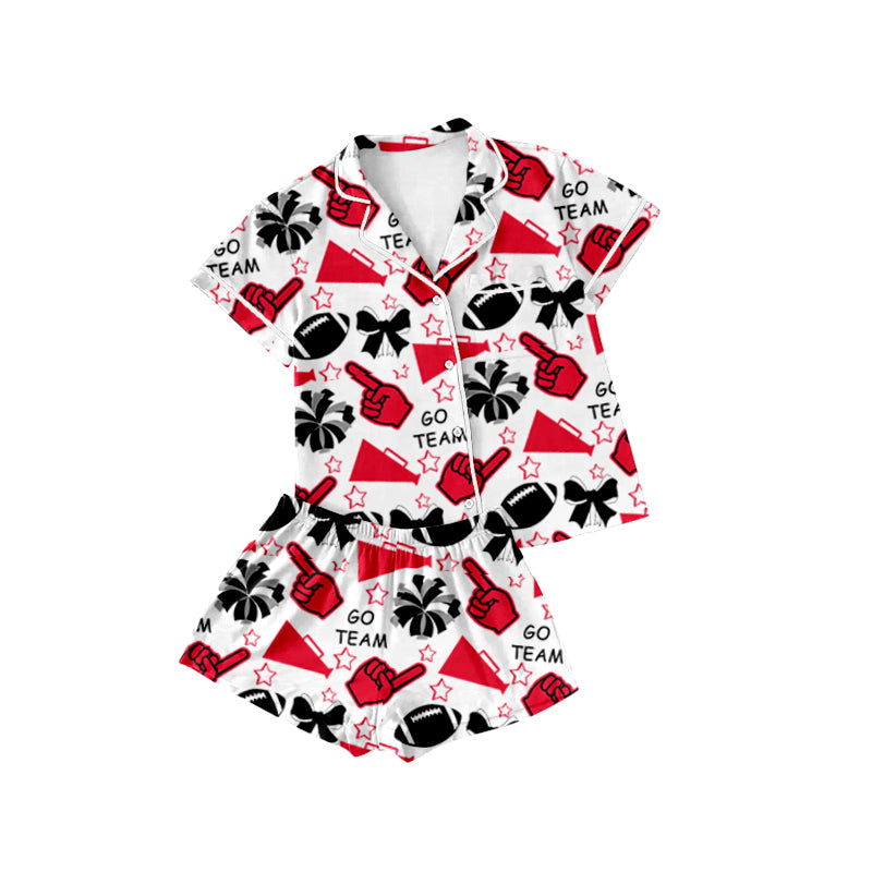 ( Moq 5 ) Preorder Baby Girl Shot Sleeves Football Stars Black Bows Cheer Buttons Shirt Short Pajamas Team Set