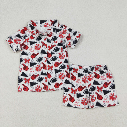 Sibling Girls Kids Shot Sleeves Football Stars Bows Cheer Buttons Shirt Short Pajamas Team Set RTS