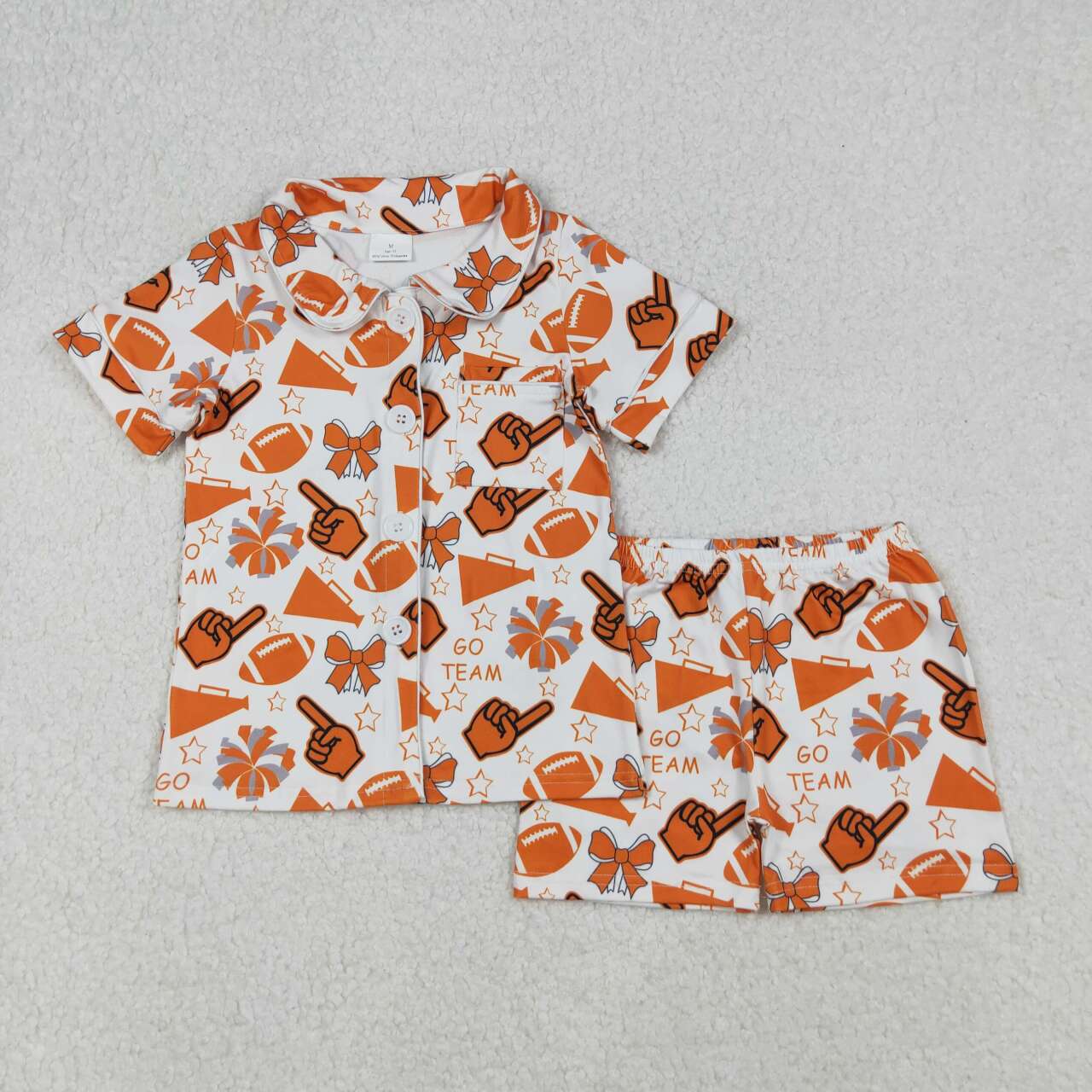 Sibling Girls Kids Orange Footballs Bows Cheer Yoga Skorts Set Buttons Milk Silk Pajamas Set