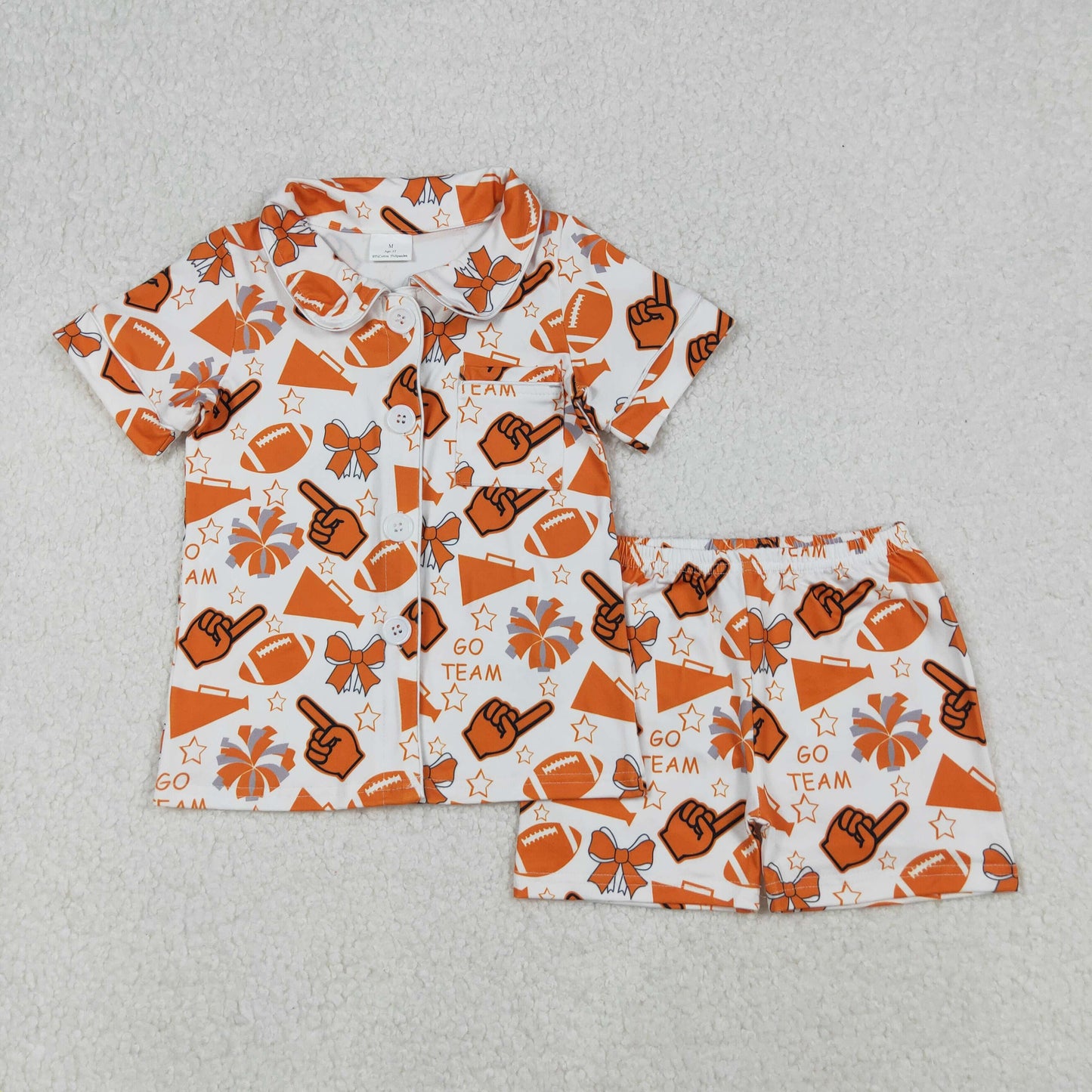 Sibling Girls Kids Shot Sleeves Football Stars Bows Cheer Buttons Shirt Short Pajamas Team Set RTS
