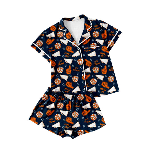 ( Moq 5 ) Preorder Baby Girl Shot Sleeves Team Cheer Buttons Shirt Short Pajamas Set