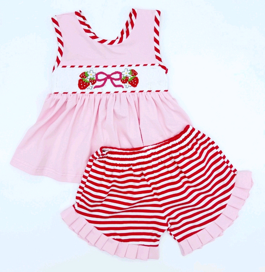 ( Moq 5 ) Preorder Baby Girl Sleeveless Strawberry Flower Bow Pink Tunic Stripes Shorts Clothes Set