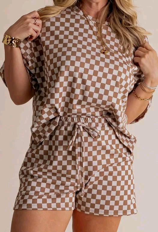( Moq 5 ) Adult Women Short Sleeves Brown Checked Shirt Shorts Pajamas Clothes Set