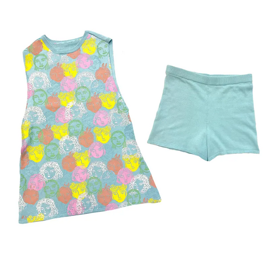 ( Moq 5 ) Preorder Baby Girl Sleeveless Colorful Tunic Blue Shorts Set