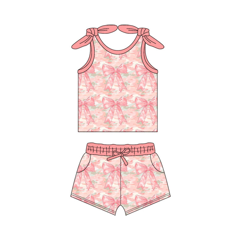 ( Moq 5 ) Preorder Baby Girl Sleeveless Bows Camo Tops Pockets Shorts Clothes Pink Set