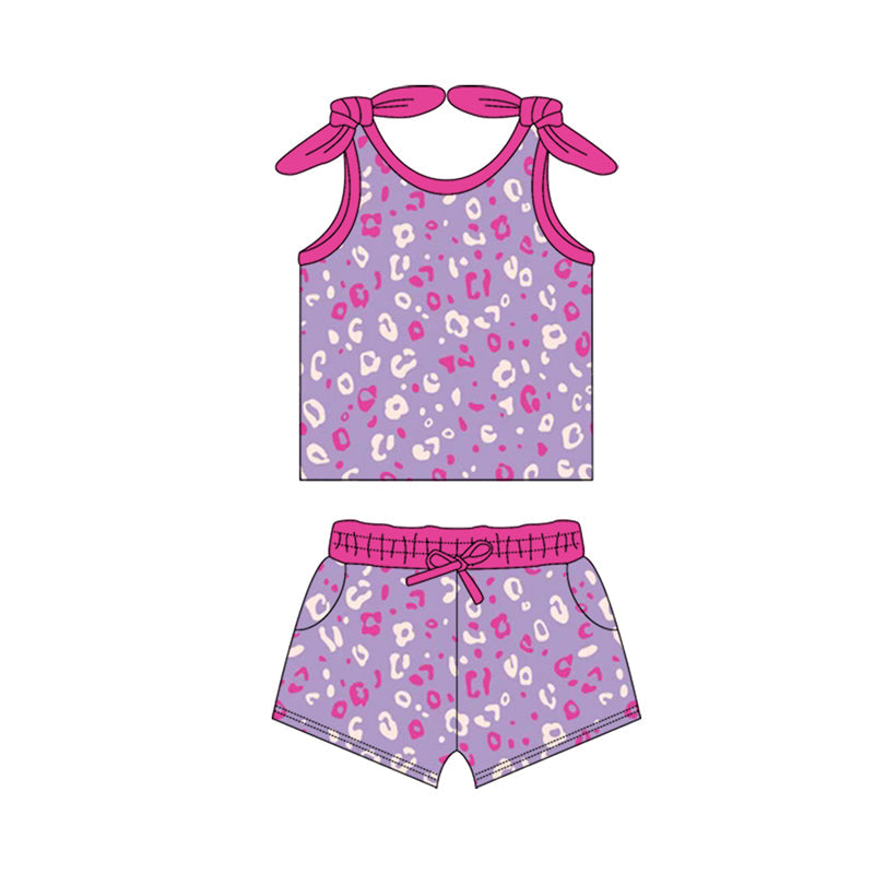 ( Moq 5 ) Preorder Baby Girl Sleeveless Leopard Vest Tops Pockets Shorts Clothes Purple Set