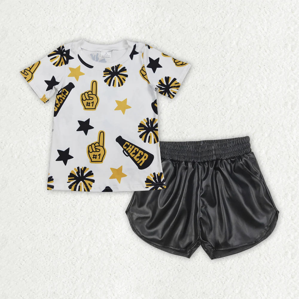 Baby Girl Short Sleeves Cheer Shirt Leather Shorts Set Sibling Summer Team Clothes RTS