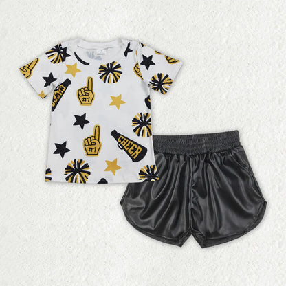 Baby Girl Short Sleeves Cheer Shirt Leather Shorts Set Sibling Summer Team Clothes RTS