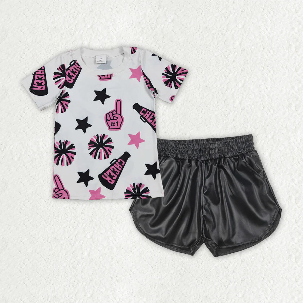 Baby Girl Short Sleeves Cheer Shirt Leather Shorts Set Sibling Summer Team Clothes RTS