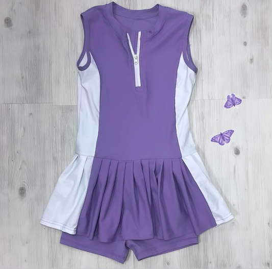 ( Moq 5 )  Baby Girl Sleeveless Zipper Tops Purple Shorts Summer Yoga Active Outfit