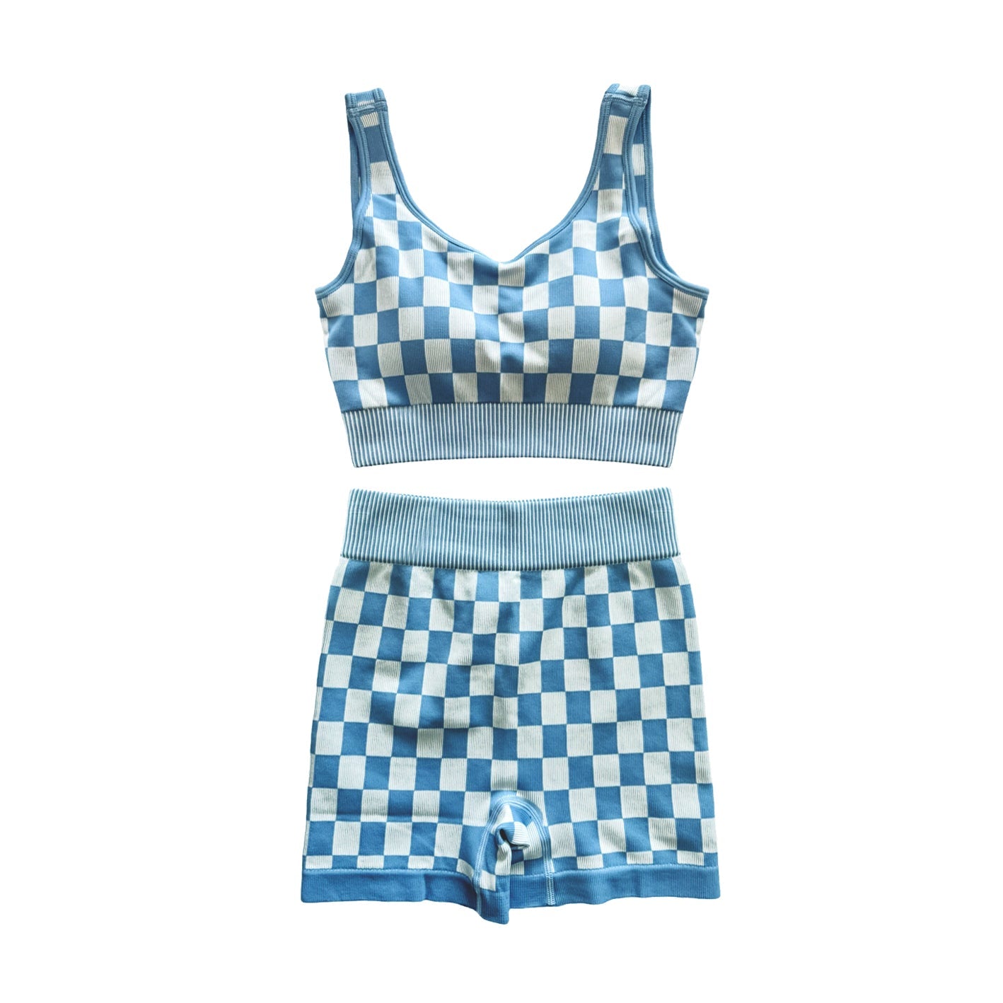 ( Moq 5 ) Preorder Adult Women Sleeveless Blue Plaid Tank Tops Shorts Active Yoga Clothes Set