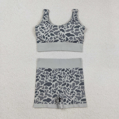 Sibling Adult Woman Sleeveless Camo Checked Tank Tops Shorts Knitted Yoga Set RTS
