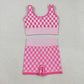 Adult Woman Sleeveless Pink Checkered Tank Tops Shorts Knitted Yoga Set RTS
