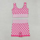Adult Woman Sleeveless Pink Checkered Tank Tops Shorts Knitted Yoga Set RTS