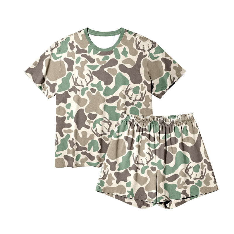 ( Moq 5 ) Preorder Adult Short Sleeves Deer Camo Shirt Shorts Hunting Pajamas Set