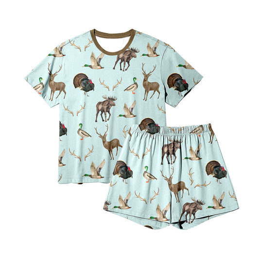 ( Moq 5 ) Preorder Adult Woman Short Sleeves Deer Ducks turkey Shirt Shorts Hunting Pajamas Set