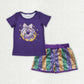Sibling Baby Girls Kids Purple Short Sleeves Shirts Stripes Sequins Shorts Sets Mardi Gras Clothes RTS