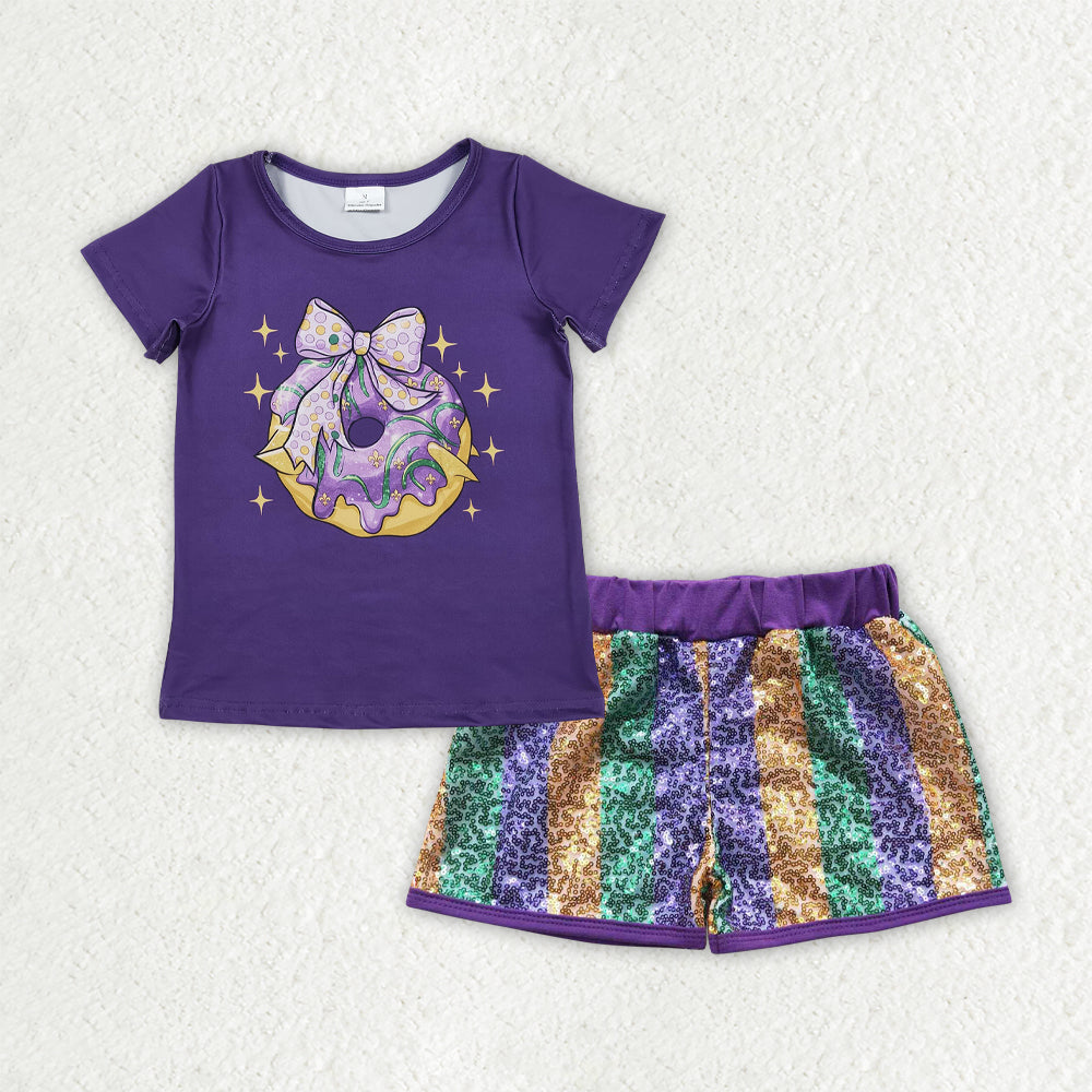 Sibling Baby Girls Kids Purple Short Sleeves Shirts Stripes Sequins Shorts Sets Mardi Gras Clothes RTS
