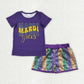 Sibling Baby Girls Kids Purple Short Sleeves Shirts Stripes Sequins Shorts Sets Mardi Gras Clothes RTS