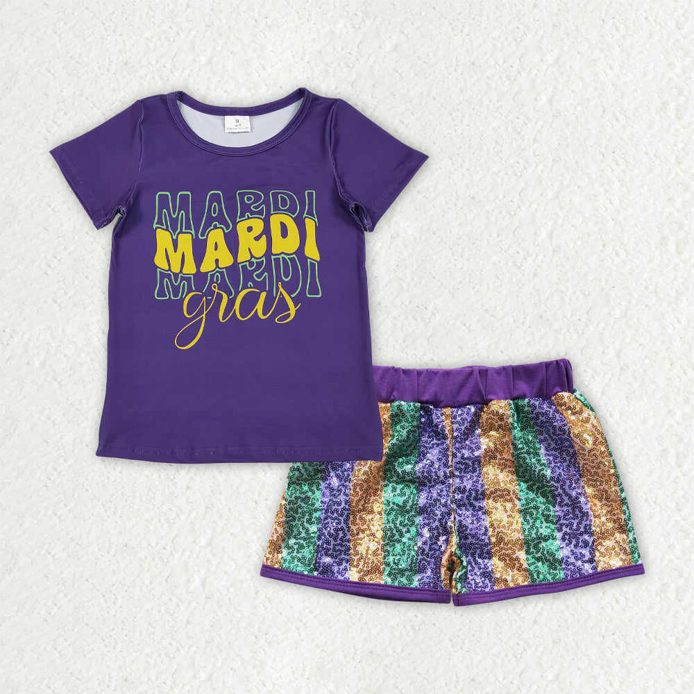 Sibling Baby Girls Kids Purple Short Sleeves Shirts Stripes Sequins Shorts Sets Mardi Gras Clothes RTS