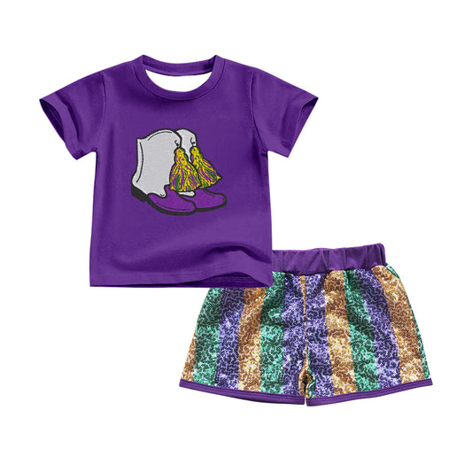 (Moq 5 ) Preorder Girls Kids Purple Short Sleeves Boots Shirt Stripes Sequins Shorts Mardi Gras Set