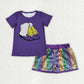 Sibling Baby Girls Kids Purple Short Sleeves Shirts Stripes Sequins Shorts Sets Mardi Gras Clothes RTS