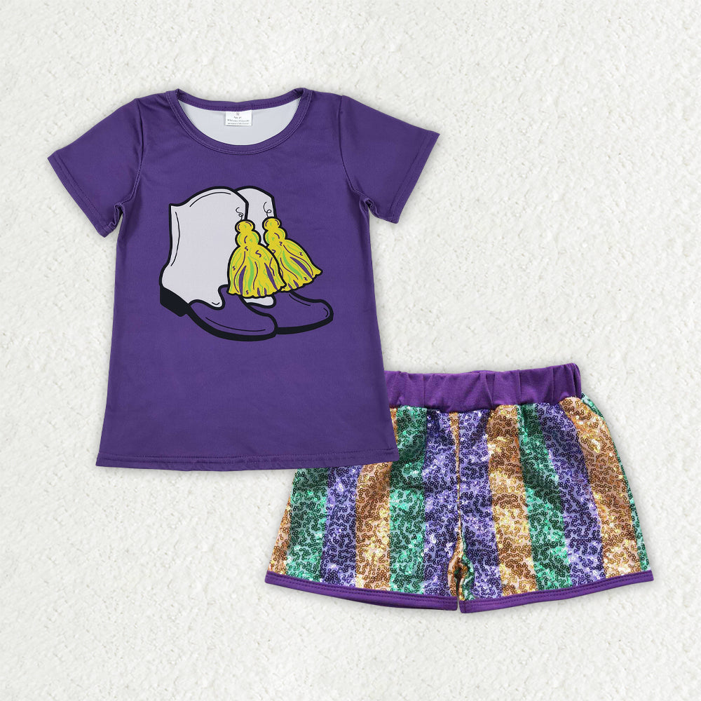 Sibling Baby Girls Kids Purple Short Sleeves Shirts Stripes Sequins Shorts Sets Mardi Gras Clothes RTS